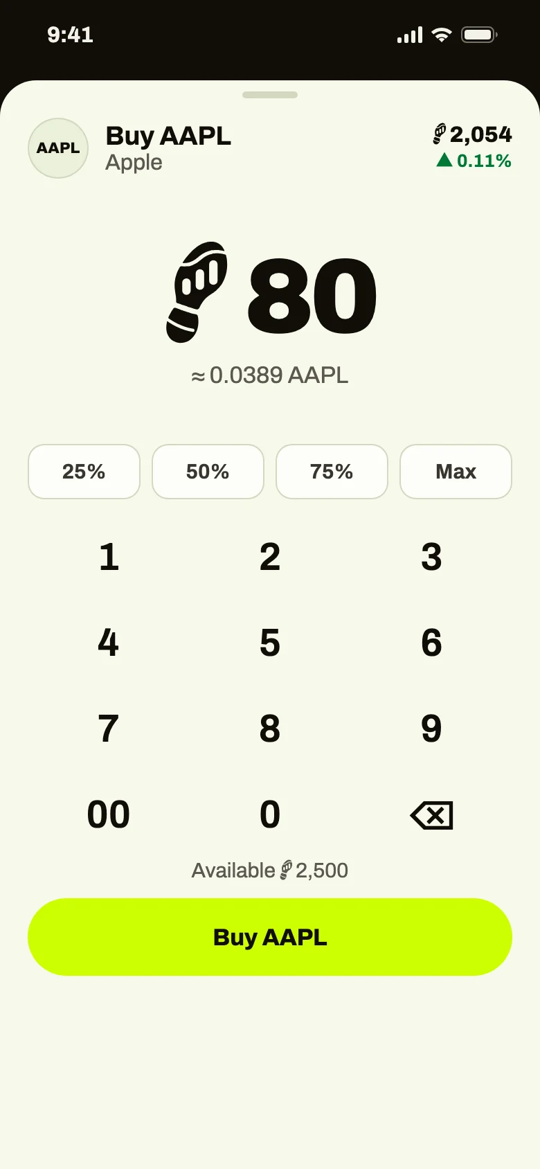Buy screen for Apple: 80 steps entered, roughly 0.0389 AAPL, with a number pad.