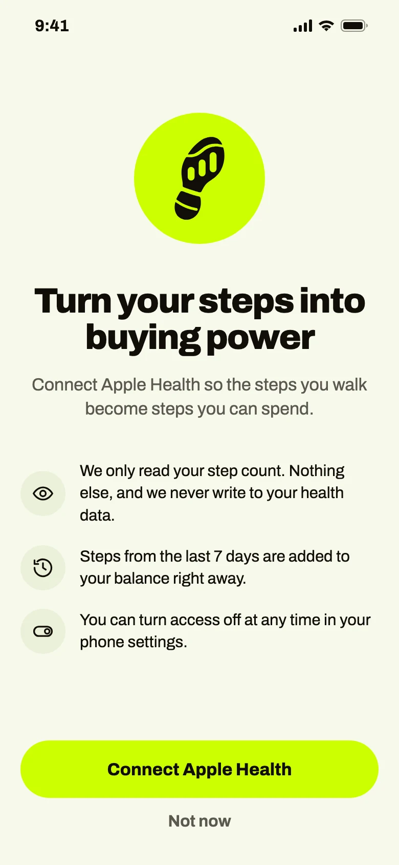 Onboarding screen: turn your steps into buying power, with a Connect Apple Health button.