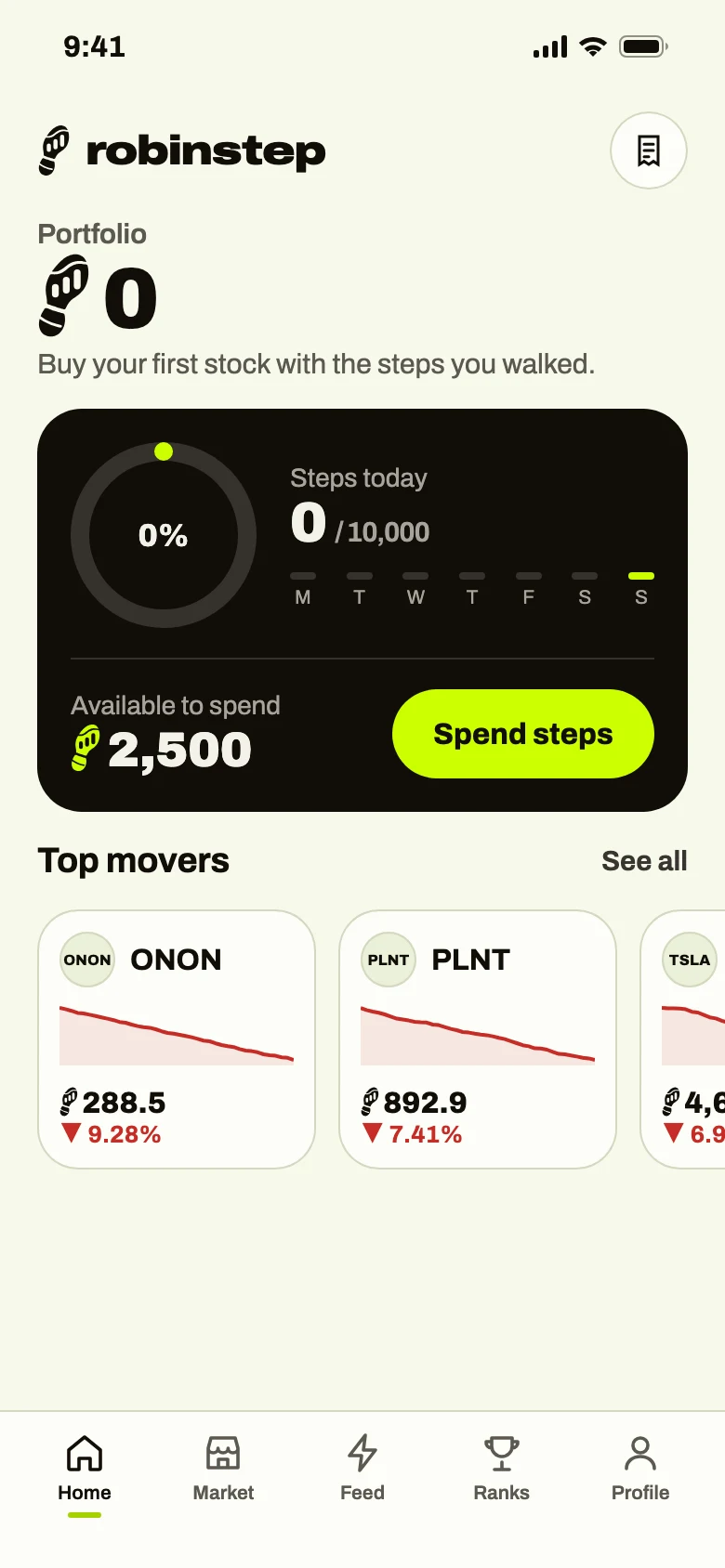 Home screen: portfolio, a dark card with today's step ring and 2,500 steps to spend, and the day's top movers.