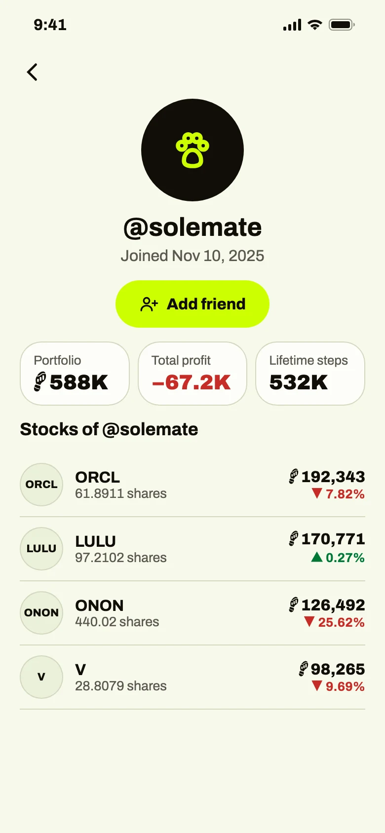 Profile of @solemate: portfolio of 588K steps, total profit of minus 67.2K, 532K lifetime steps.